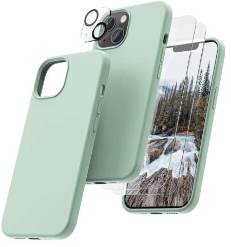 OIIAEE [5-in-1 for iPhone 13 Case 6.1,Liquid Silicone case with 2 Pack Screen Protector & 2 Pack Camera Protector, Ultra Slim Shockproof Soft Anti-Scratch Microfiber Lining—Mint Green