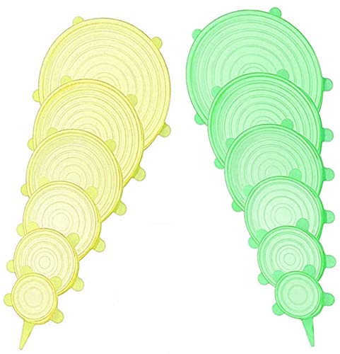 12 pcs Silicone Stretch lids set, 6 Sizes, Reusable Food Storage Covers ，Silicone Bowl Covers，Flexible to Fit All Shape of Containers，Food Cover to Keep Food Fresh (green,yellow)