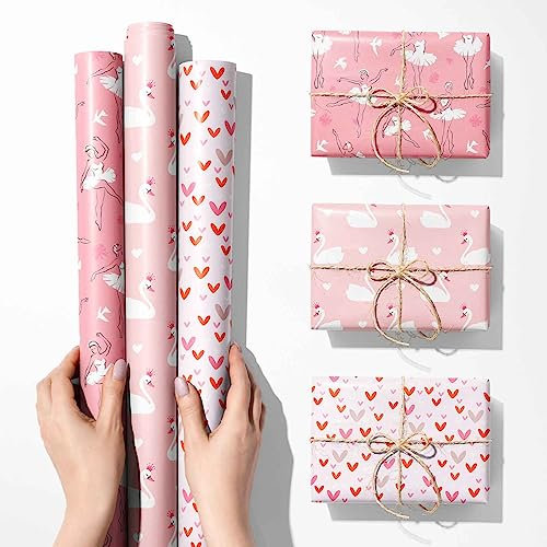 WOPARTY Geschenkpapierrolle für Grill, Ballett, Schwan, Herz-Stil, mit Schnittlinien für Geburtstag, Urlaub, Hochzeit, Babyparty, 3 Rollen – 43,2 x 304,8 cm pro Rolle