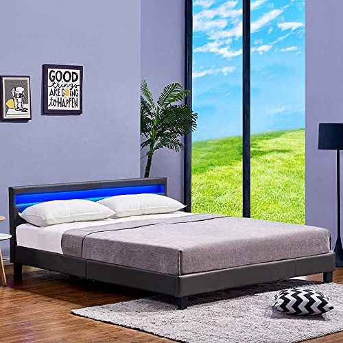 Home Deluxe - LED Bett Astro - Dunkelgrau, 180 x 200 cm - inkl. Matratze und Lattenrost I Polsterbett Design Bett inkl. Beleuchtung