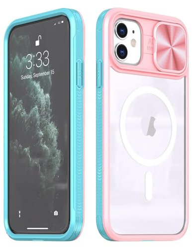 Rdyi6ba8 Clair Coque pour iPhone 11, Transparente Étui [Ne Jaunit Jamais] Protection de la Caméra Étui avec Coulisse Cache Objectif pour iPhone 11 - Rose + Vert