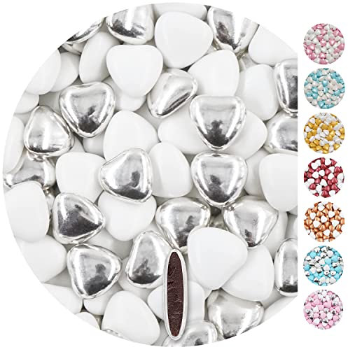 EinsSein 1kg Schokoherzen Dragees Mix medium weiss-silber glanz Gastgeschenke Hochzeit, Taufe, Kommunion, Kindergeburtstag | Schokodragees, Dragees in Herzform bzw. Schokolinsen als Ersatz für