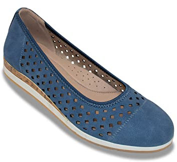 Dr Keller Ladies Wide E Fit Punchwork Ballerina Shoes – Nubuck Effect Comfort Flats with Cutwork & Cork Wedge Trim Navy 4