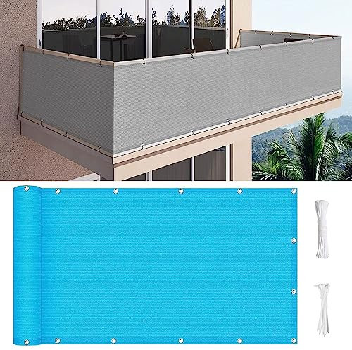 Balkon sichtschutz 90 x 800 cm Wind HDPE UV-Schutz Blickdichte Balkonumspannung mit Ösen und Kordel für Balkongeländer Garten, Blau