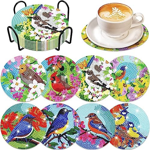 Diamond Painting Untersetzer mit Halter,5D Diamant Painting Untersetzer,Diamond Painting Basteln Erwachsene für Anfänger Erwachsene und Kinder(Vögel)