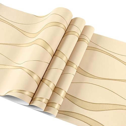 Trafagala Yellow Non-Woven Wallpaper Glitter Effect Textured 3D Flocking Embossed Wallpapers 53cm x 9.5m Wave Stripes Wall Paper Roll for Living Room Bedroom