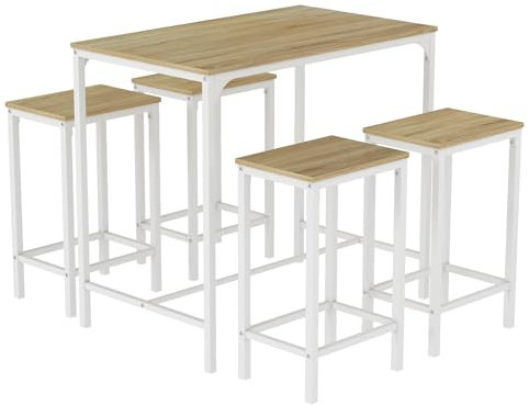 ReseeZac Bar Tisch mit 4 Barstühlen,Küche Esszimmer Set,Bar Tisch und Barhocker Set,Für Küche Esszimmer Wohnzimmer Taverne,Eiche Maserung+Weißer Metallrahmen,Bar Tisch 100x60x90CM,Barhocker 30x40x65CM