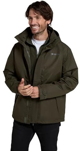 Mountain Warehouse Fell Mens 3 in 1 Water Resistant Jacket - Adjustable Coat with Packaway Hood, Detachable Inner Fleece & Many Pockets - For Hiking & Outdoors Dark Khaki XXS