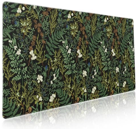 Gaming-Mauspad mit botanischem Vintage-Design und niedlichen Waldpflanzen, Mauspad, rutschfeste Gummibasis, genähte Kante, lange Matte für Büro-Computer, Schwarz/Grün, XXL, 90 x 40 cm