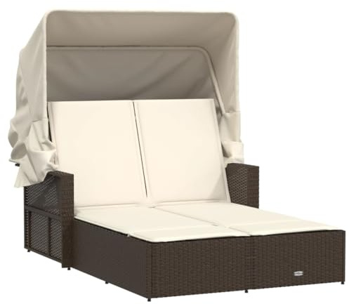 vidaXL Doppel Sonnenliege, Sonnenbett mit ausziehbarem Sonnendach, Doppelliege mit Verstellbarer Rückenlehne, Gartenmöbel Gartenliege, Braun Poly Rattan