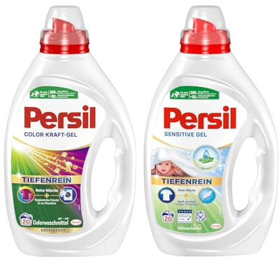 PERSIL Gel-Set 2x 20 Waschladungen (40WL) 1x Kraft-Gel Color & 1x Sensitive Gel, Flüssigwaschmittel mit Tiefenrein Technologie & Flüssigwaschmittel für Allergiker & Babys