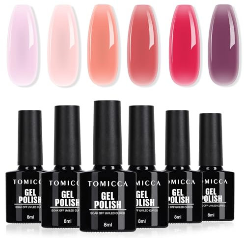 TOMICCA Vernis Semi Permanent Transparent Rouge Set, 6 couleurs Rouge et Rose Vernis Gel UV, Soak-Off Vernis à ongles UV/LED Gel Cadeau pour salon de manucure DIY Home, 8ML