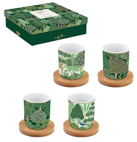 Easy Life Set mit 4 Kaffeetassen 11 cl aus Porzellan mit Untertasse aus Bambus Coffee Mania New