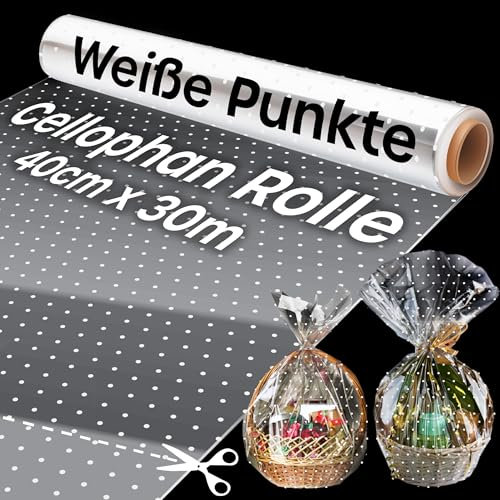 volila Geschenkfolie Transparent (Weiße Punkte) – 40cm x 30m Cellophanfolie für Geschenkkörbe – 3mm Dicke Vielseitig Einsetzbare Klarsichtfolie für Blumensträuße, Floristenfolie, Essenspaket (1 Rolle)