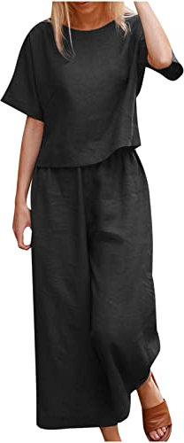 HAOLEI Zweiteiler Damen Baumwolle Und Leinen Sommermode Lässig, Lockerer Rundhalsausschnitt, Kurze Ärmel Einfarbig, Günstig Weites Bein Leinenanzug, Jogginganzug Lockere Und Atmungsaktive