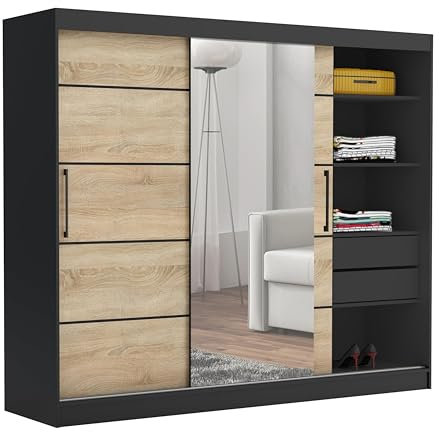 Brent - Kleiderschrank mit Spiegel und Schubladen 235cm Breit Chelsea Tomy, Schwebetürenschrank mit Spiegel, Schlafzimmerschrank, Kleiderschrank Schwarz/Sonoma Eiche