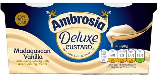 Ambrosia Deluxe Custard Pots, Madagascan Vanilla Flavour, Creamy Ready-to-Eat Dessert, 2 x 120 g (Pack of 8 - Total 16 Pots)