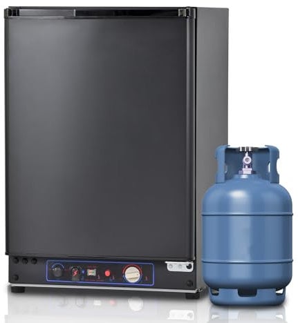 Techomey Gas Fridge 60L, 3 Way Fridge Camping, Gas Camping Fridge with Reversible Door, Silent 3 Way Fridge for Caravan, Motorhome, Truck