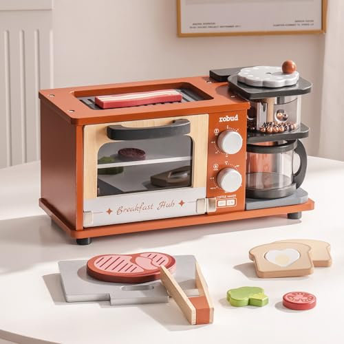 ROBUD Spielküche Zubehör, Holz Frühstücksautomat Kinder Küche Set mit Kaffeemaschine, Backofen, Grillplatte, Spielzeug Lebensmittel – Realistisches Spielküchen für Kinder ab 3 Jahren (Karamell)