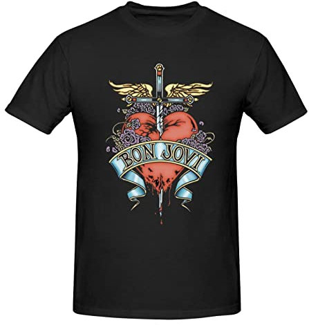 Bon Music Jovi Herren-T-Shirt, kurzärmelig, Rundhalsausschnitt, klassische Passform, lässig, Sport, dehnbar, Schwarz, Schwarz , 56