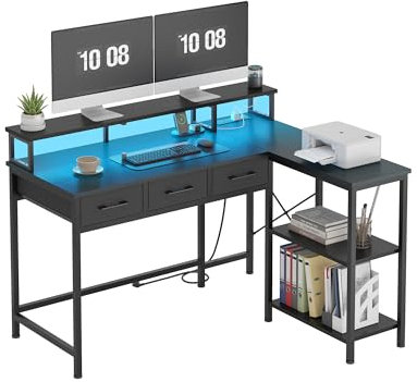 KIMENICH Computer Desk, Gaming Desk with LED, Power Socket, 3 Drawers, Office Desk with Monitor Stand, PC Desk, Adjustable Shelves, for Home, Office, 120 cm, Black