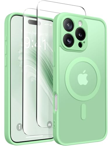 CAPRARO Magnetisch Kompatibel mit iPhone 16 Pro Max Hülle,Verbessert[Vollständiger Schutz der Kamera] [Kompatibel mit MagSafe] Schützende Transluzente Matte Frauen Handyhülle Abdeckung, Bambus Grün