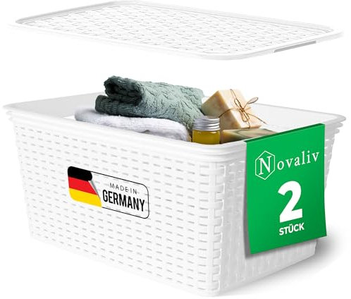 Novaliv 2er Set Eleganter Aufbewahrungskorb mit Deckel in Rattan-Optik | Weiß Lebensmittelecht Kunststoff 14L ? Perfekt für Bad & Kleidungsaufbewahrung. Aufbewahrungsbox Badezimmer Körbchen.