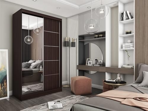 AGMAT-FURNITURE Schwebetürenschrank Kira, Kleiderschrank mit 2 Türen und Spiegel, Moderne Garderobe in Farbe: Wenge, Schrank in Größe: 120 x 216 x 61 cm