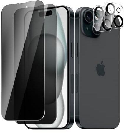 BIESHKJ 2+ 2Pack pour iPhone 15 de Protection Verre Trempé Anti-Espion + Protecteur D'objectif D'appareil Photo, Dureté 9H Vitre, Compatible Avec Les Coques et Résistant Aux Rayures