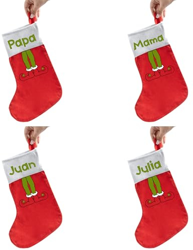 Pack 4 calcetines navidad nombre personalizado decoración adorno navideño bota papa Noel regalo original chimenea Santa familia christmas Calendario adviento Grinch