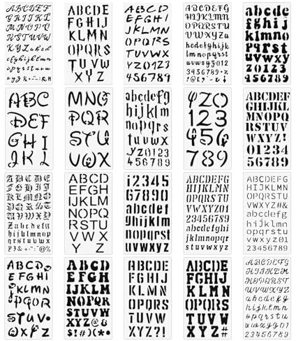 Lnngub 20 Stück Buchstaben Schablone Set, 19 Stile Schriftarten Buchstabenschablonen und 1 Zahlenschablonen Weiße Kunststoff Buchstaben Schablone Kleine Wiederverwendbare Buchstaben Malschablonen