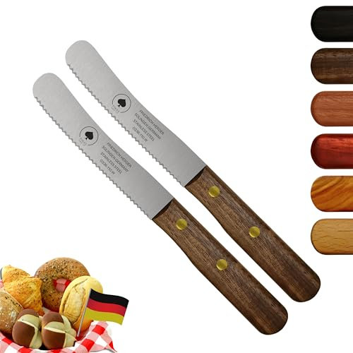 Solingen Messer, 2er Set Walnuss Holzgriff, Wellenschliff, Premium Buckelmesser, Klinge rostfrei 11cm - Küchenmesser, Brotmesser, Frühstücksmesser, Dünnschliff & Handabzug, Made in Germany