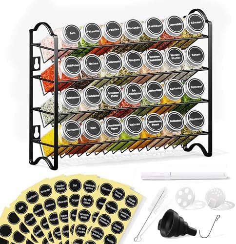 Enjoior Étagère à Épices avec 28 Pots en Verre & 120 Étiquettes - Organisateur de Cuisine Mural ou Posable - Système de Rangement Épices Français (Noir)