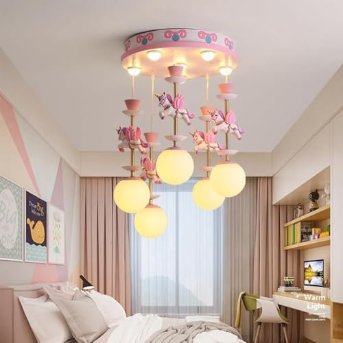 Suspension rose pour chambre d'enfant, design de dessin animé, lustre LED E27 à intensité variable, abat-jour en verre blanc, 5 ampoules, 45 cm, éclairage de plafond rond pour chambre à coucher,