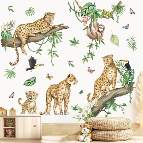 wondever Wandtattoo Safari Tiere Leopard Wandaufkleber Dschungel Tiere Geparden Reben Faultier Wandsticker Wanddeko für Kinderzimmer Babyzimmer Schlafzimmer