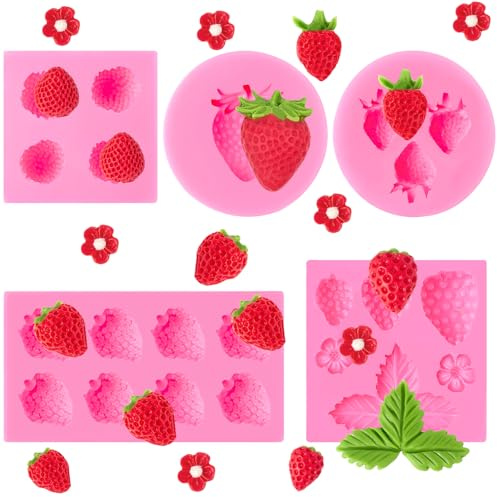CLUEWR Erdbeerformen, 3D-Silikon-Erdbeer-Schokoladenform, Obst-Fondant-Formen für Cupcake-Kuchendekoration, Kerze, Seife, Wachs, 5 Stück