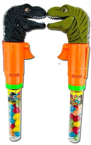 T-Rex World 2 unidades – Dispensador de granos de gelatina de dinosaurios con efecto de sonido – Juguete interactivo para fiestas de cumpleaños infantiles, fiestas o obsequios – 20 g por dinosaurio