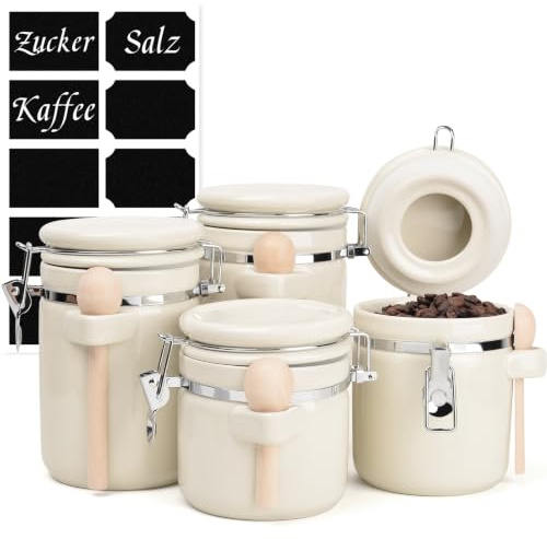 ZEBERBO 4-Piece Airtight Ceramic Canisters Set with Wooden Spoons & Chalk Labels – Perfect for Coffee, Sugar, Flour, Tea (Cream) – Stylish & Leakproof Kitchen Storage