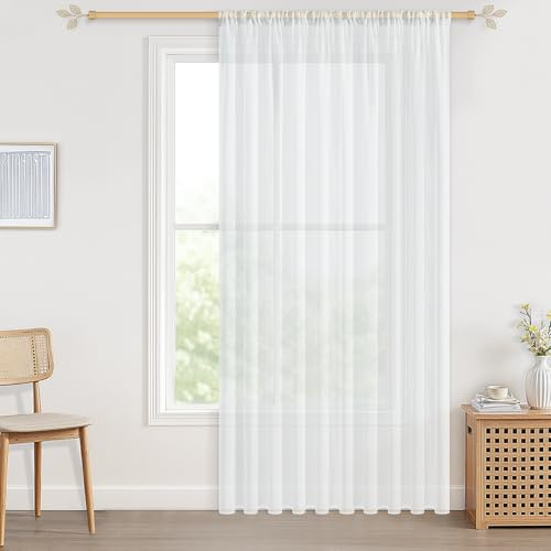 CUTEWIND Vorhänge Weiss mit Stangendurchzug 245cm X 300cm (HxB) 1er Set, Gardine Weiß Transparent Extra Breit Boho Leinenoptik für Wohnzimmer Schlafzimmer Küche und Kinderzimmer
