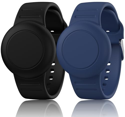 【2 STÜCK】 Mugust Waterproof AirTag Armbänder für Kinder Kompatibel mit Apple AirTag Finders mit weichem Silikon, Anti Lost GPS Item Finders Case Cover für Kinder (aSchwarz+Navy blau)