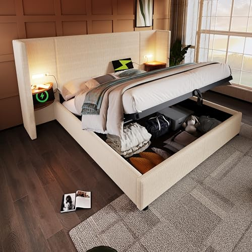 Gxffipw Polsterbett Doppelbett 180x200 cm mit Leselampe und USB-Type-C, Hydraulische Bett mit Stauraum und Nachttisch, Stauraumbett Bettgestell mit Lattenrost aus Holz, Cordstoff, Beige, Ohne Matratze