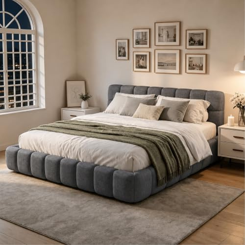 BRILVERDE Polsterbett 160x200, Bubble Bett, Doppelbett mit Weiches Kopfteil, Jugendbett, Bettgestell mit Lattenrost, Leinen, ohne Matratze (Grau, 160 x 200 cm)