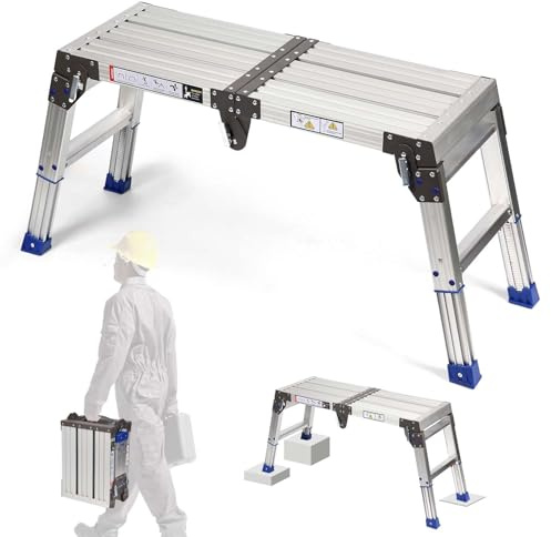 Aluminium Arbeitsplattform 35–50 cm, 26-Fach Höhenverstellbar, bis 360 kg belastbar, Rutschfester Tritthocker, Stabile Arbeitsbühne für Unebene Böden, Autowäsche, Heimwerken