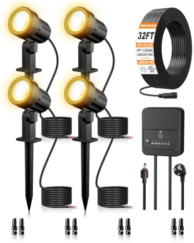 MEIKEE Gartenbeleuchtung Warmweiß 3 W 330 LM 12 V–24 V LED-Strahler 4 Stück | Gartenstrahler mit Transformator, Anschlüssen, 10 m Kabel, EU-Stecker, wasserdicht nach IP66 für Garten Wege Innenhöfe Bäume