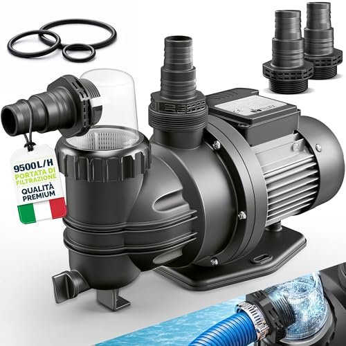 tillvex® Filterpumpe Pool 9.500L/h & 550W | Schwimmbadpumpe Förderhöhe max. 10m | Poolfilter Umwälzpumpe für 40m³ Pools | Poolpumpe selbstansaugend für Pools Aufstellpool Spa mit Vorfilter