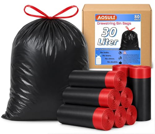 AOSULI 30L Drawstring Bin Bags Black Kitchen Waste Bags 80 Count | Leak-Proof, Durable Rubbish Bags, Unscented, Tear-Resistant, Ideal for Indoor Household Bins