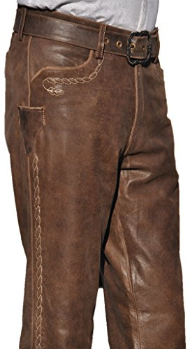 Fuente Bayerische Lederhose mit Gürtel Herren Tracht lang - Damen Trachtenlederhose lang inklusive Gürtel aus hochwertiges Echt Leder Retro Glatt Leder, Vintage Braun (60, Vintage Braun)