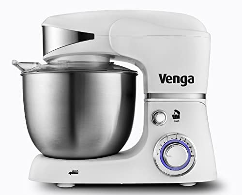 Venga! Stand Mixer, Perfect for Baking Cakes with Balloon Whisk, Flat Beater, Dough Hook and 5 Litre Stainless-Steel Bowl, 1000 W, White, VG M 3014 WH BS