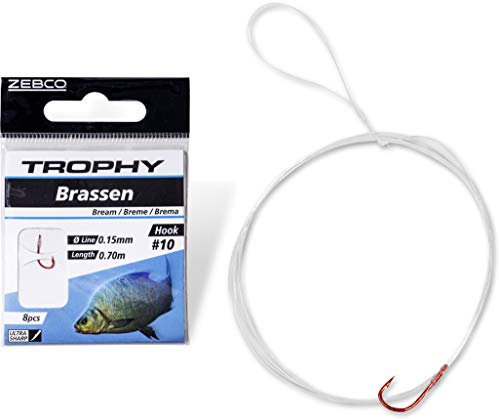 Zebco Qualitäts Trophy Brassen Vorfachhaken Angelhaken mit Vorfach vorgebunden Angelschnur Angel Zubehör, rot, 8