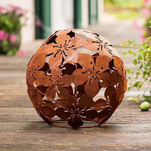 Metalldeko „Blumen“ Ø 24 cm, Deko-Blüten-Kugel, Shabby Dekoobjekt im Rost-Design, Gartendeko, Gartenkugel